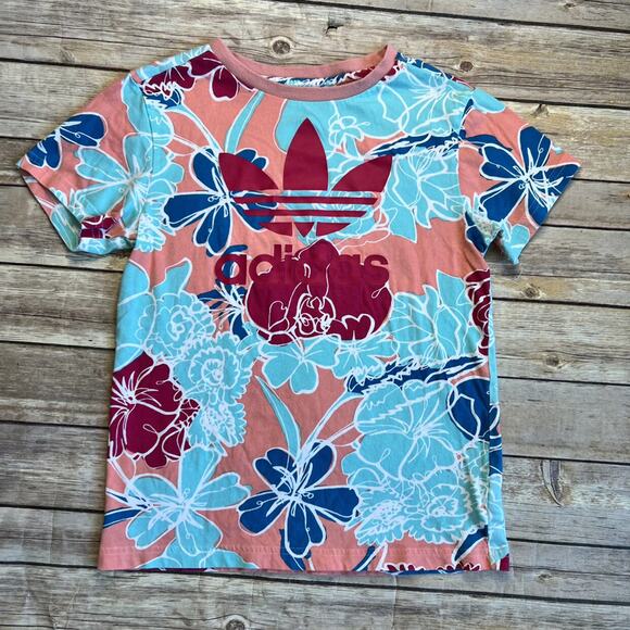 Adidas Girls Trefoil Floral Print Graphic Tee 9-10 - Picture 2 of 7